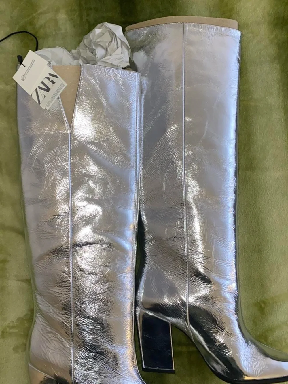 Silver Knee-High Block Heel Boots - Women